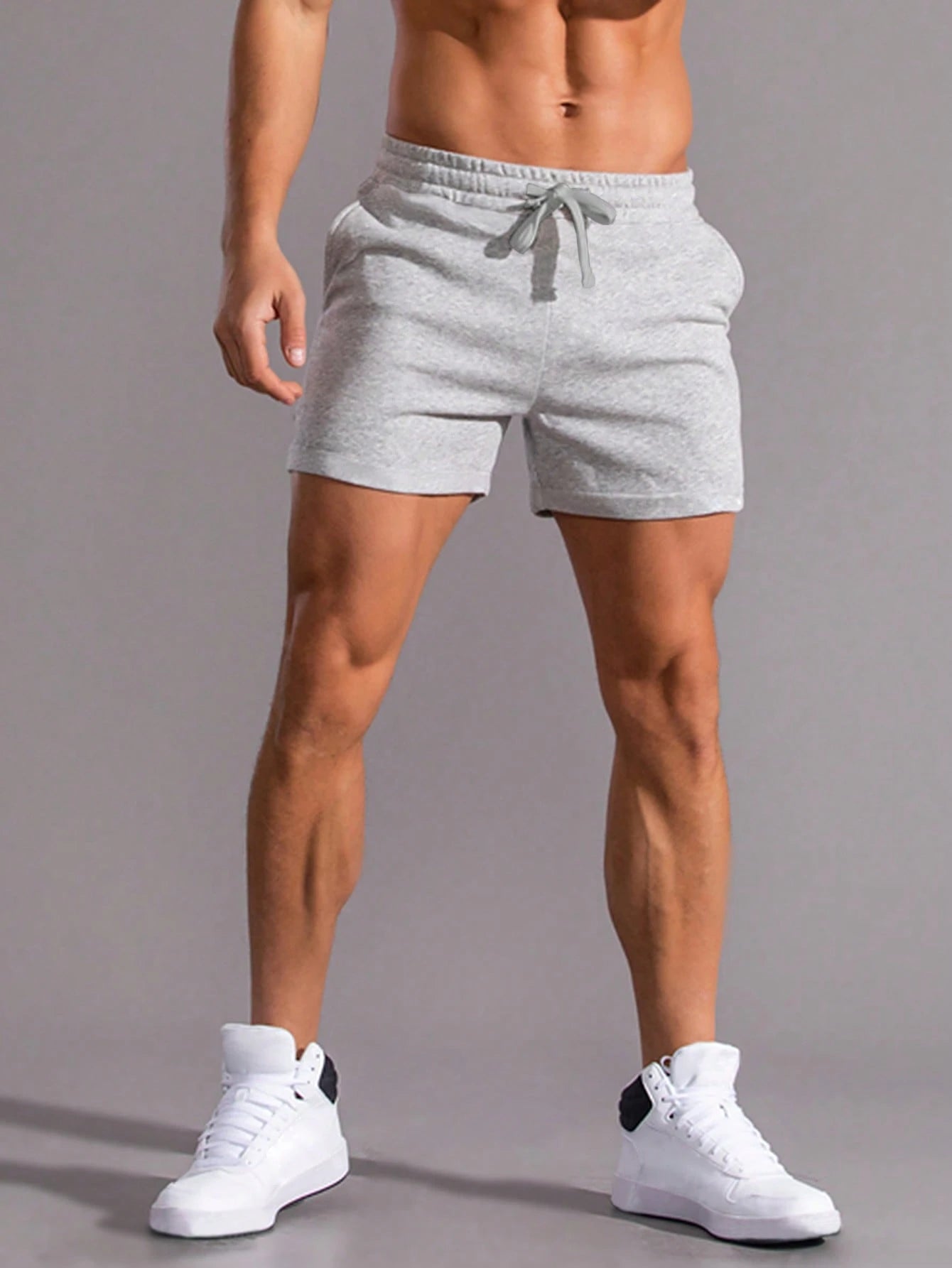 Manfinity Homme Men Drawstring Waist Shorts Jogger Plain Light Grey Gym Athletic