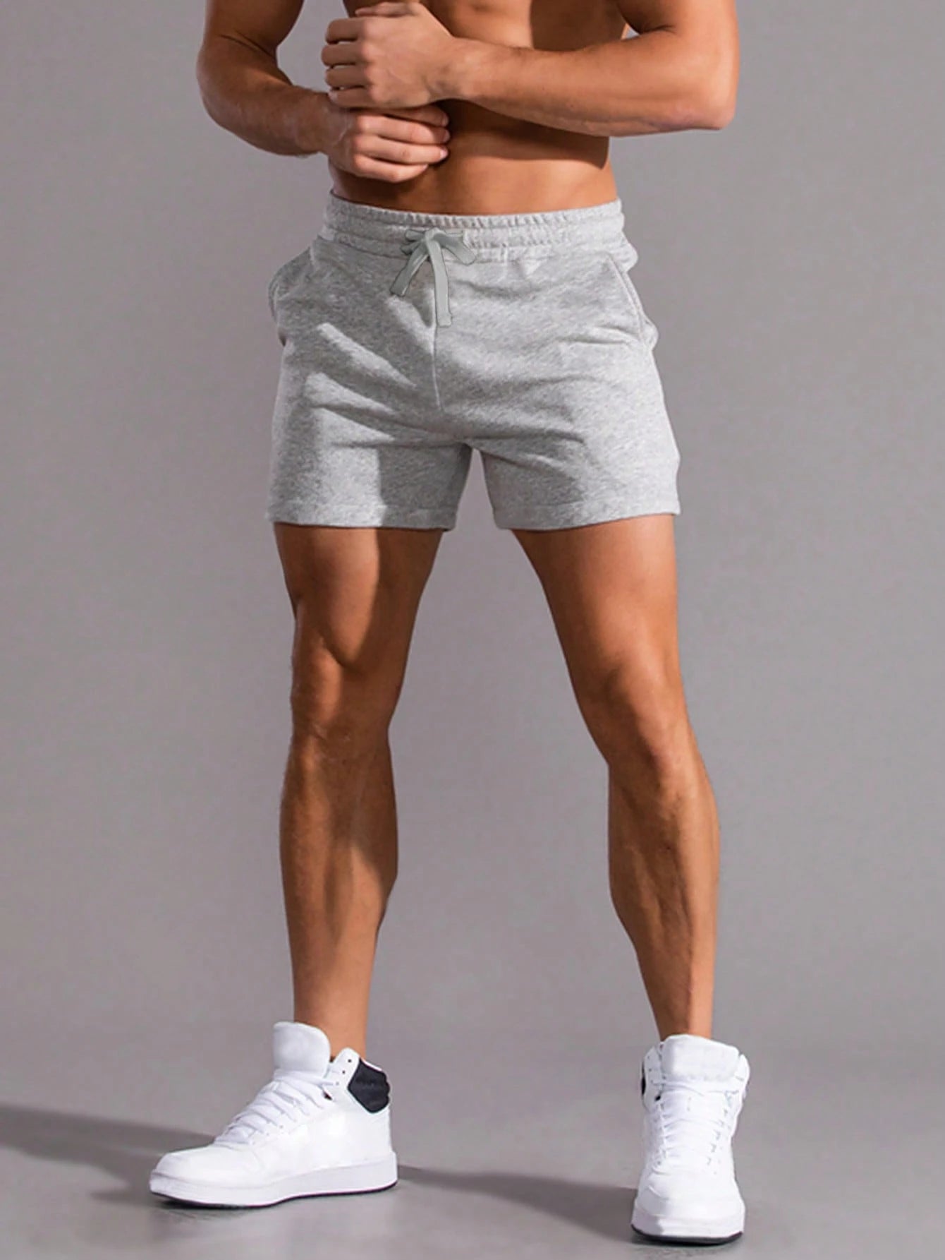 Manfinity Homme Men Drawstring Waist Shorts Jogger Plain Light Grey Gym Athletic